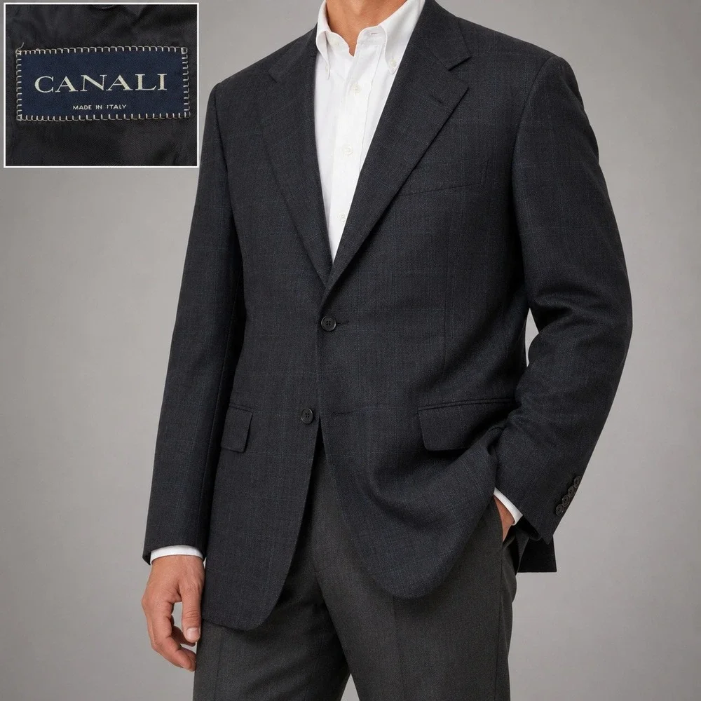 Canali Blazer Mens 44R (EU 54) Navy Blue Windowpane Silk Wool Sport Coat Italy